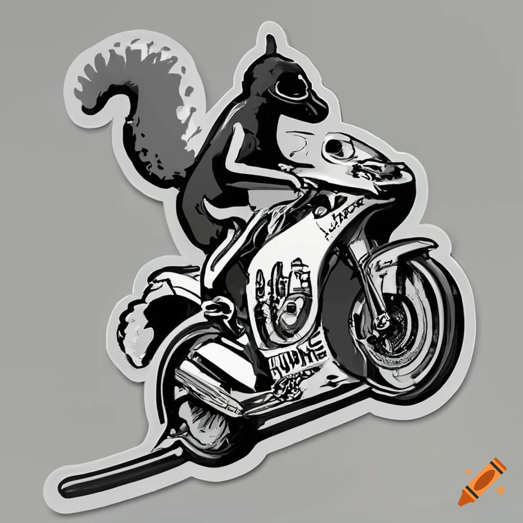 black and white squirrel riding a Moto GP bike sticker