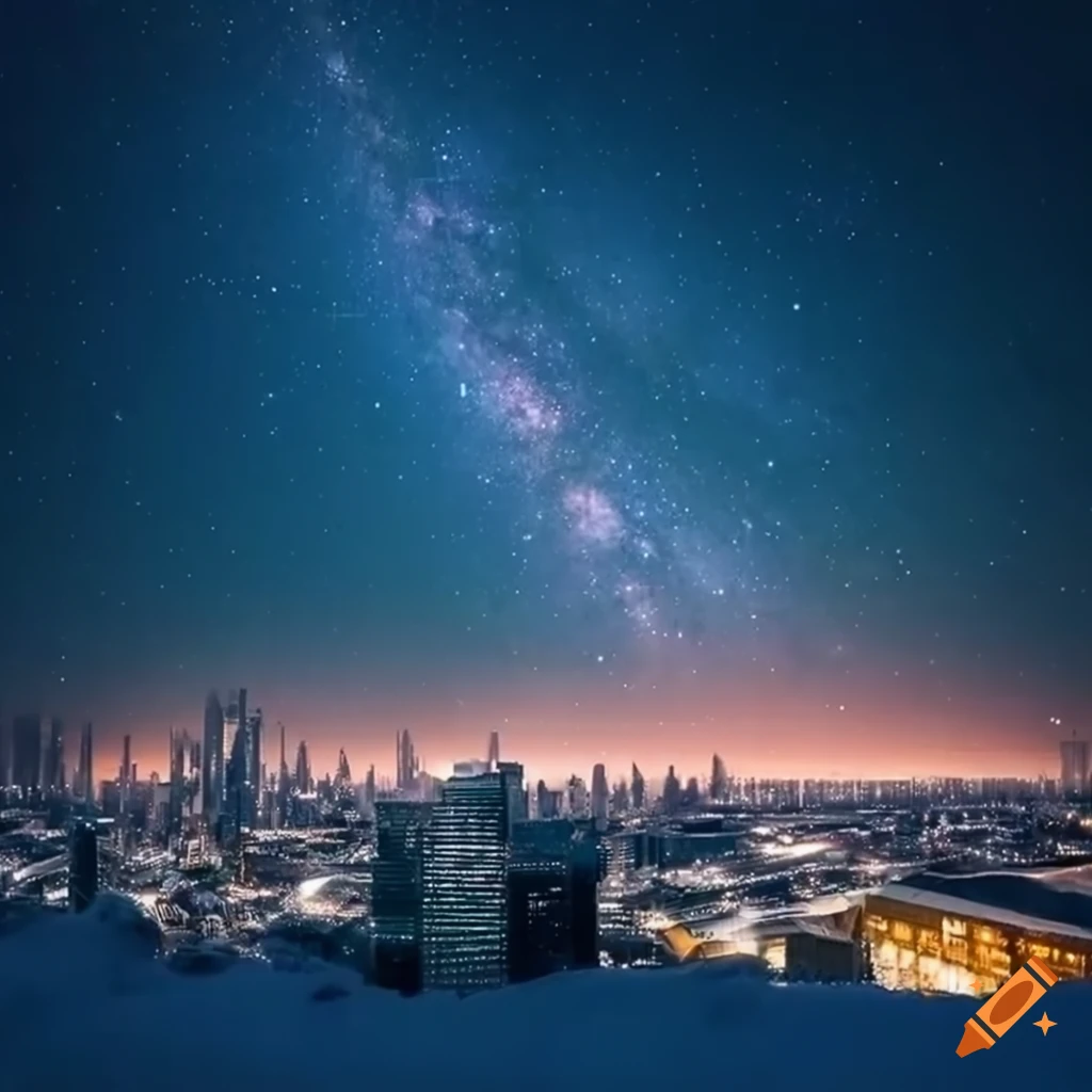 surreal cityscape with galaxy backdrop