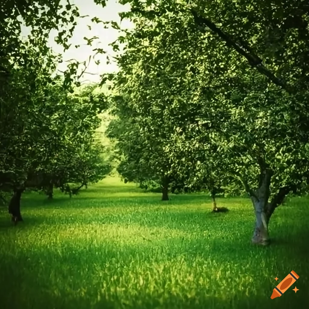 plum orchard with green grass