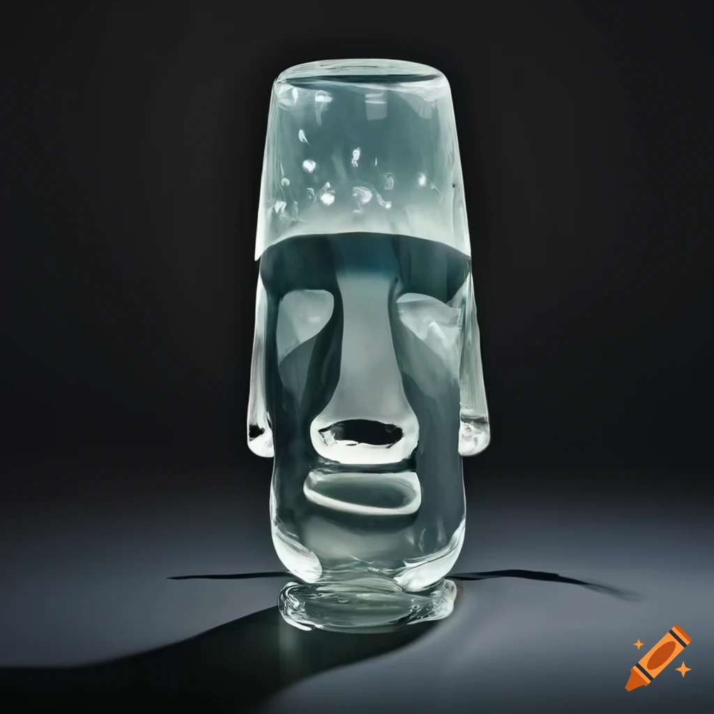 clear glass sculpture of a moai