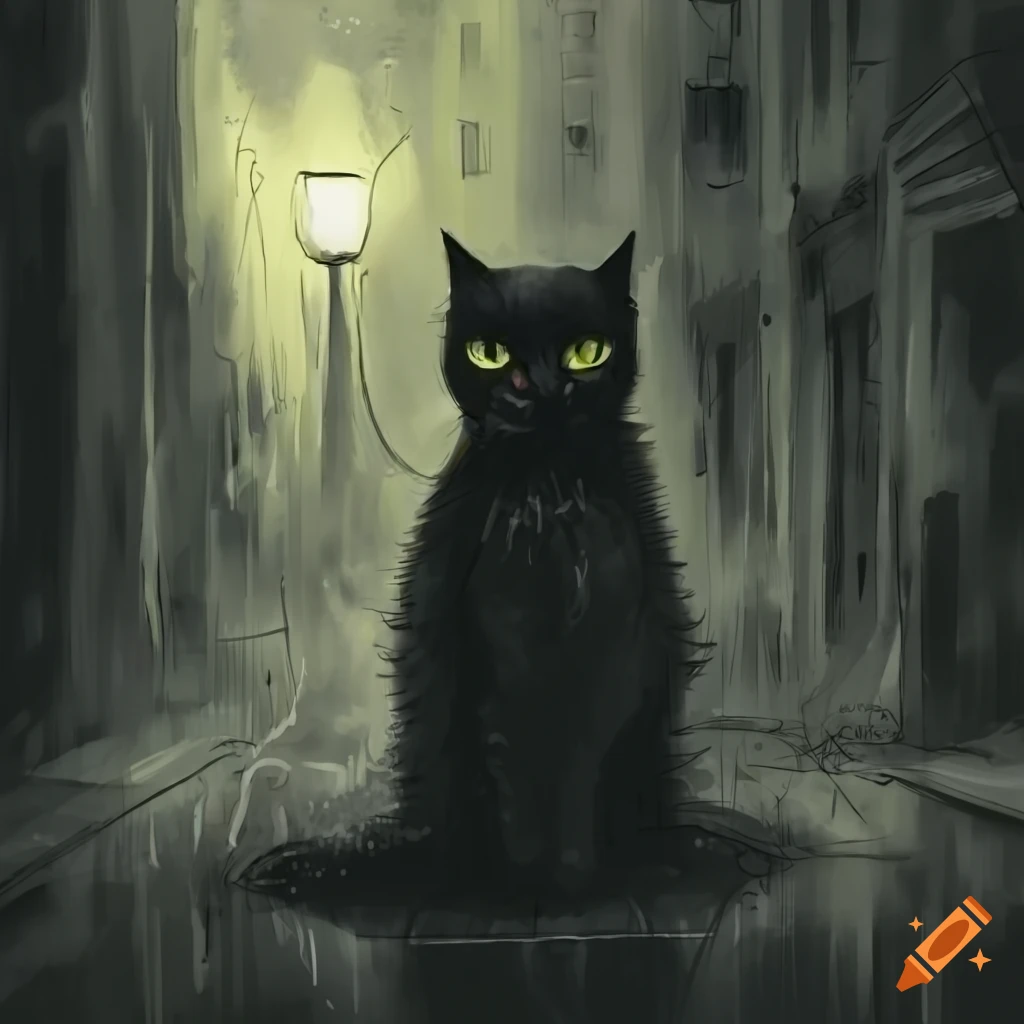 Dark artwork of a black cat in a rainy alley
