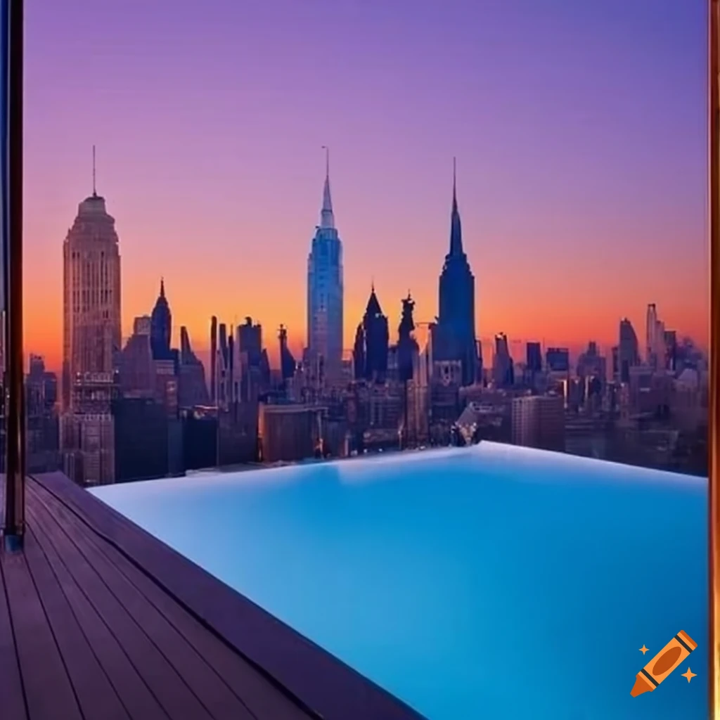 Rooftop swimming pool with a stunning view of new york city on Craiyon