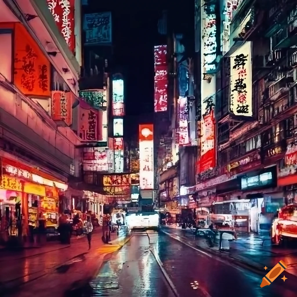 retro nightscape of Mong Kok Hong Kong in the 1980s