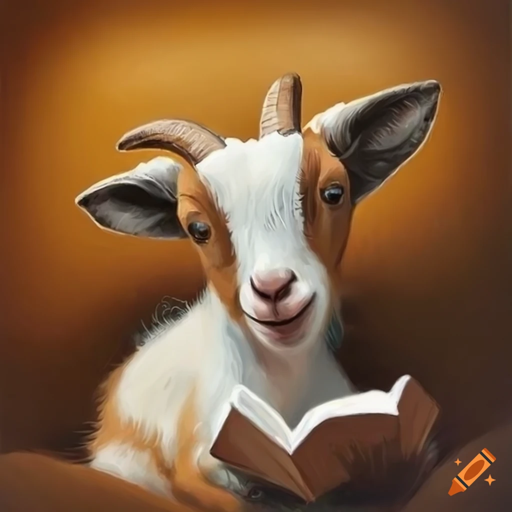 whimsical painting of a pygmy goat reading a book
