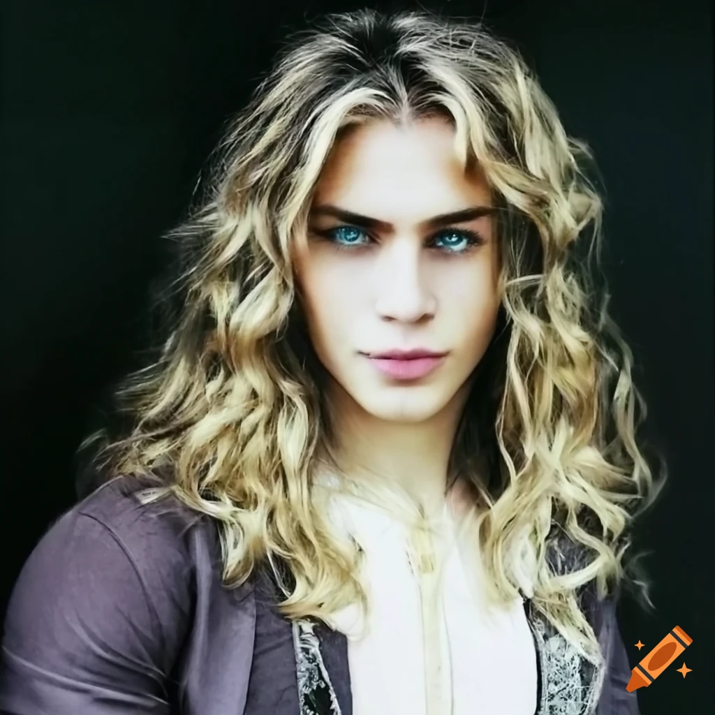 attractive man with long blonde hair and green eyes at a masquerade