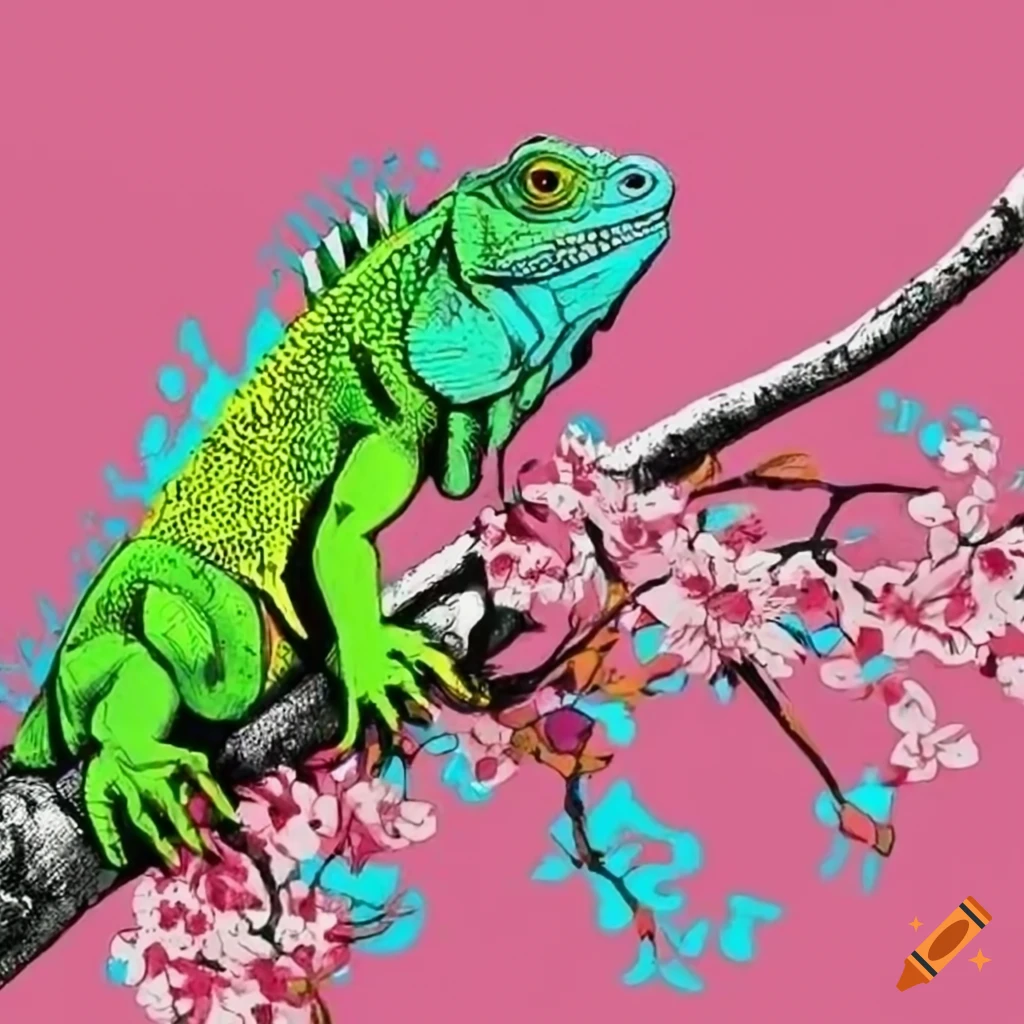 pop art drawing of iguana on cherry blossom tree