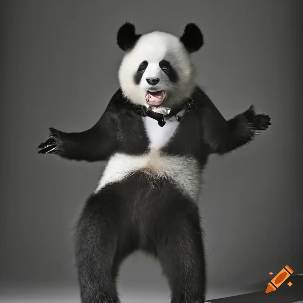 panda wearing a tuxedo with a martini glass