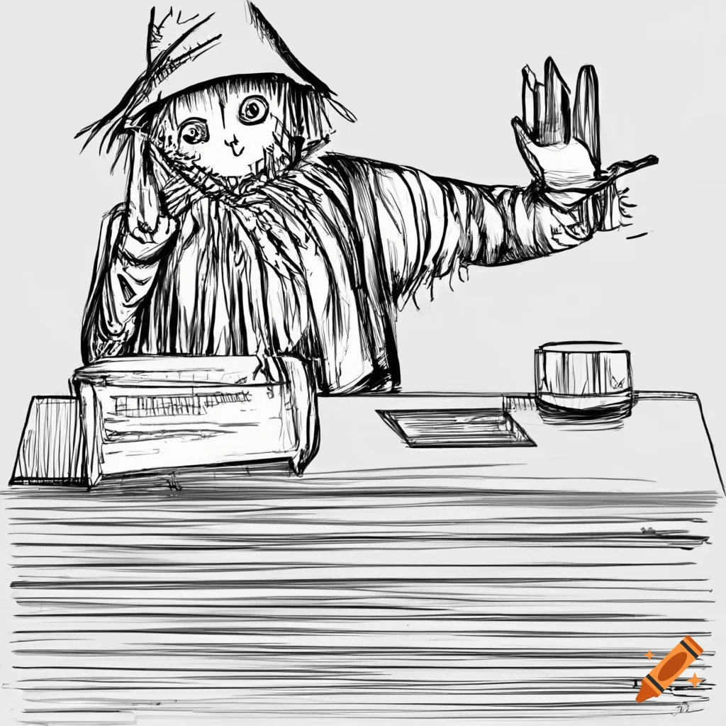 drawing of a scarecrow at a reception desk