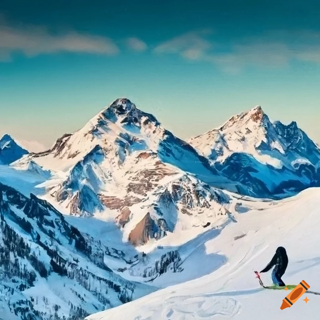 van gogh style painting of snowy mountain landscape with skiers