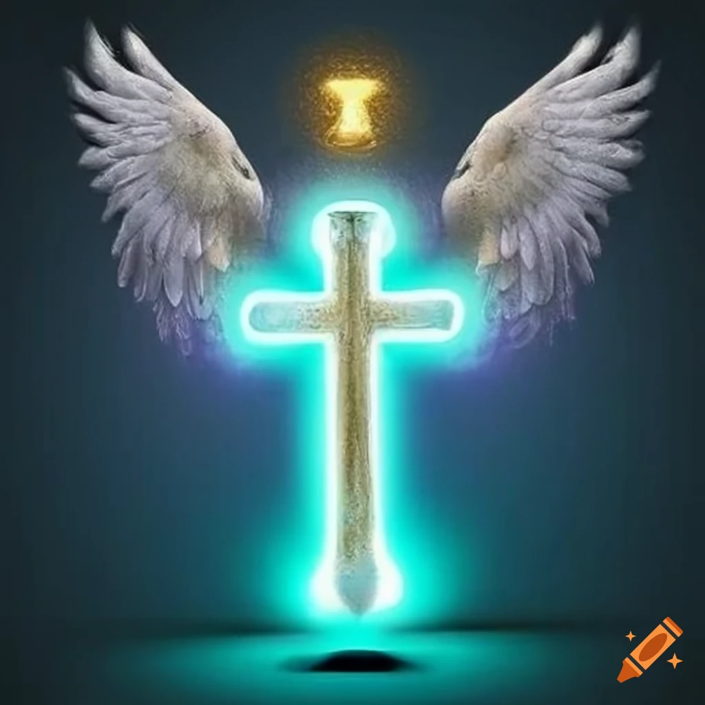 a glowing cross with angel wings