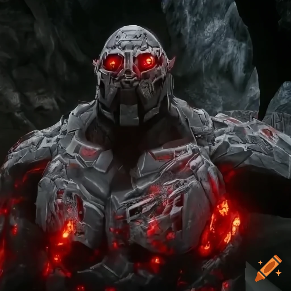 portrait of a black stone armored golem cyborg with red glowing crystals
