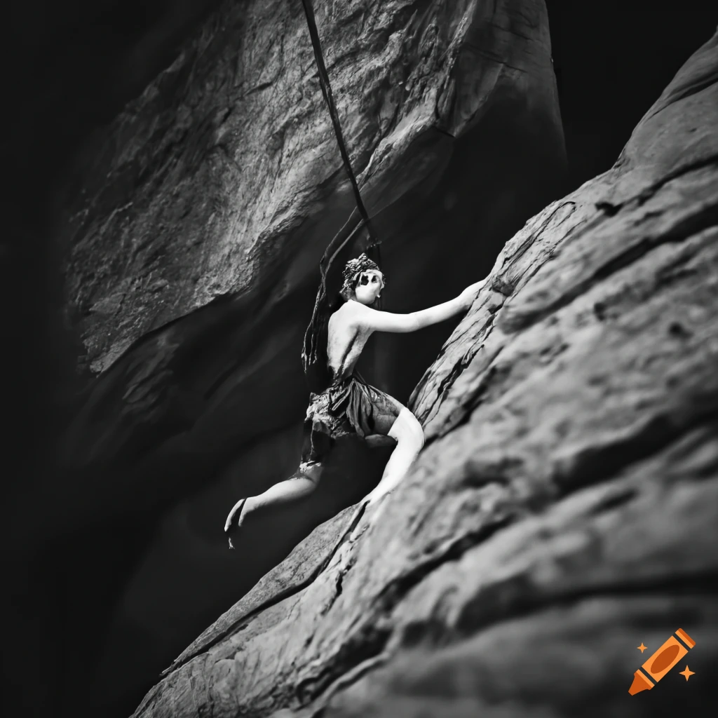 black and white photo of a person rock climbing