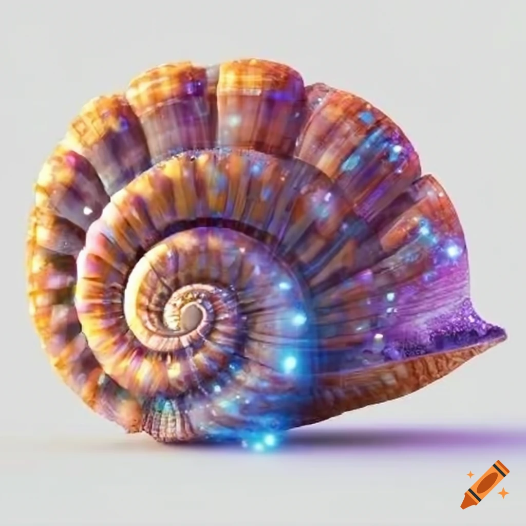 glittering spiral seashell on white background