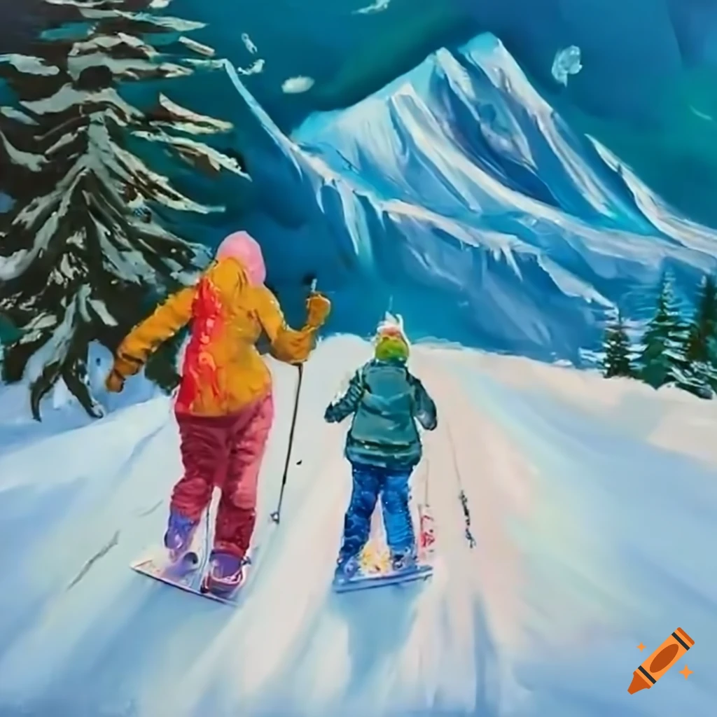 mother and daughter skiing and snowboarding in the mountains