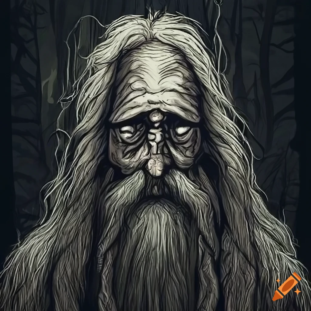 Pencil drawing of an old scandinavian wizard in a dark forest