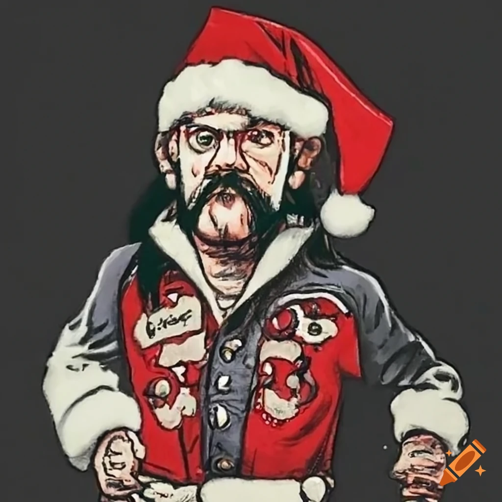 satirical drawing of Lemmy Kilmister as Santa Claus
