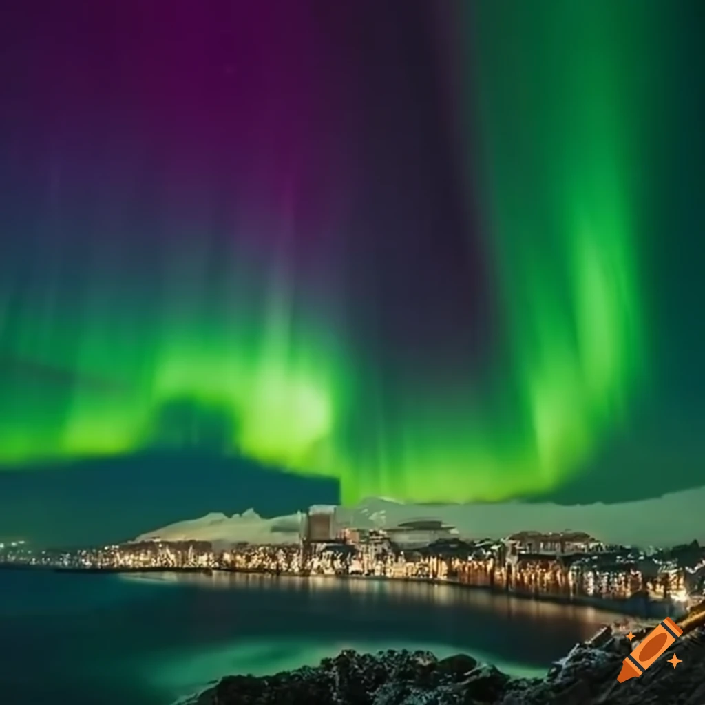 City with aurora lights between mountains and ocean