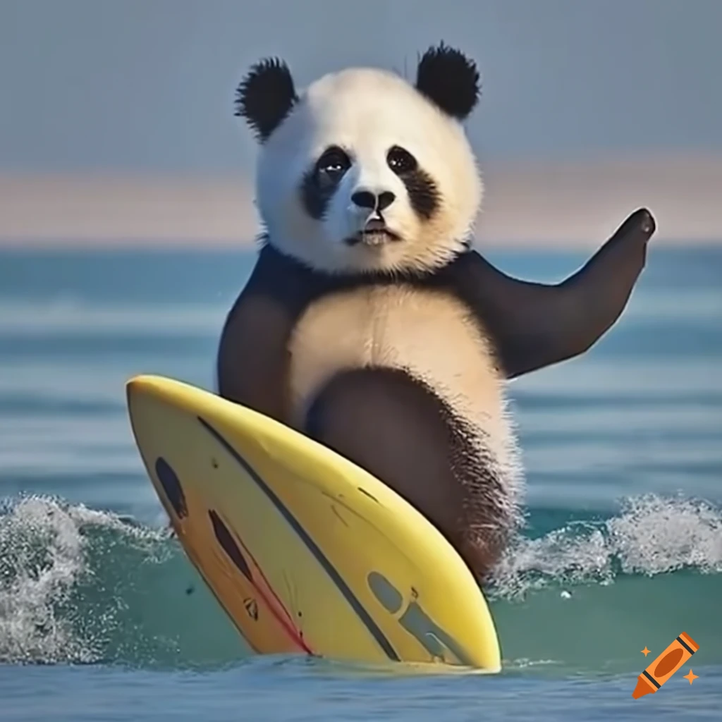 panda surfing on a beach