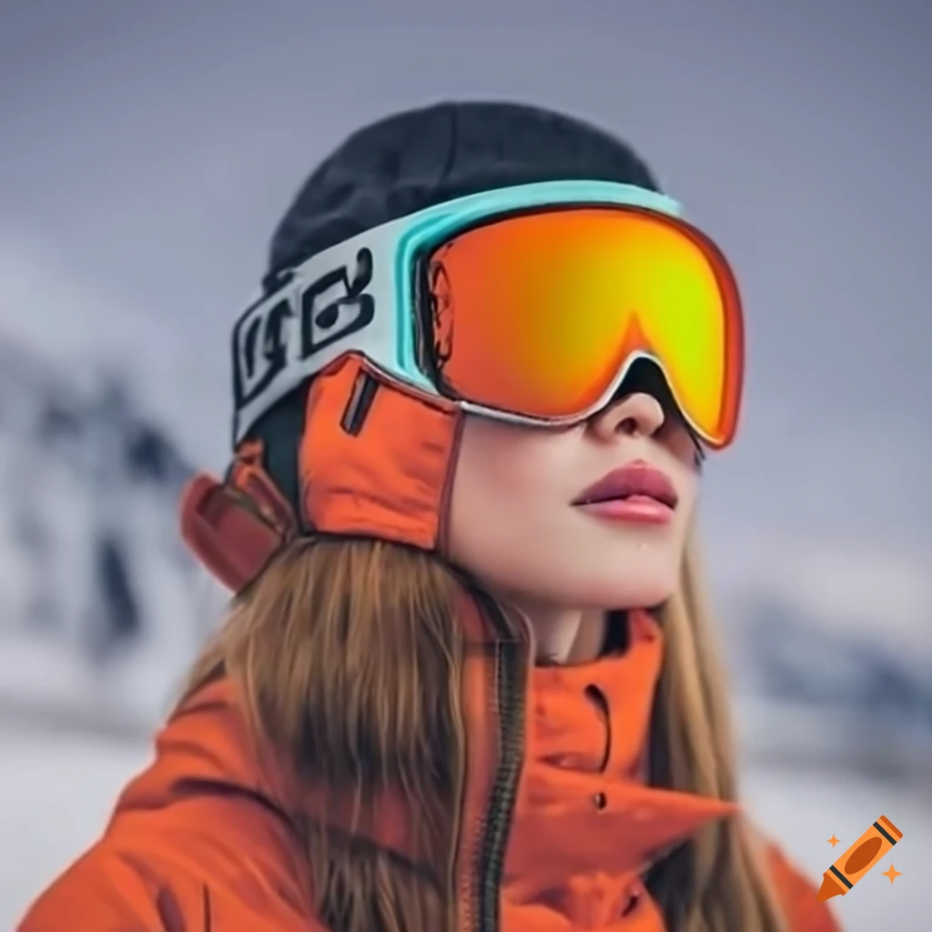 Woman snowboarding with black jacket and orange goggles on Craiyon