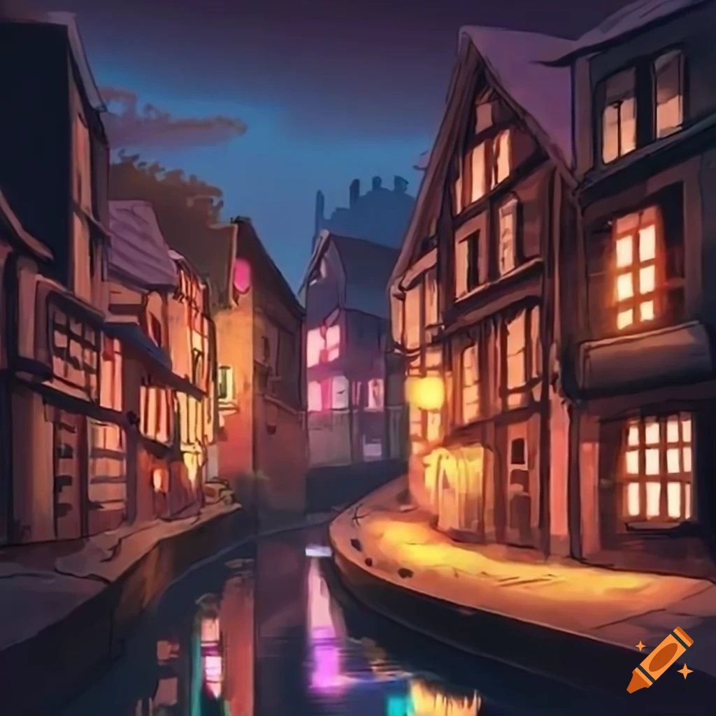 anime canal village with boats and cozy lighting