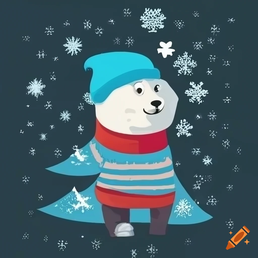 cute polar bear in winter attire enjoying snowflakes