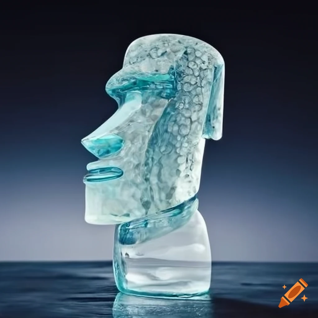clear glass sculpture of a moai