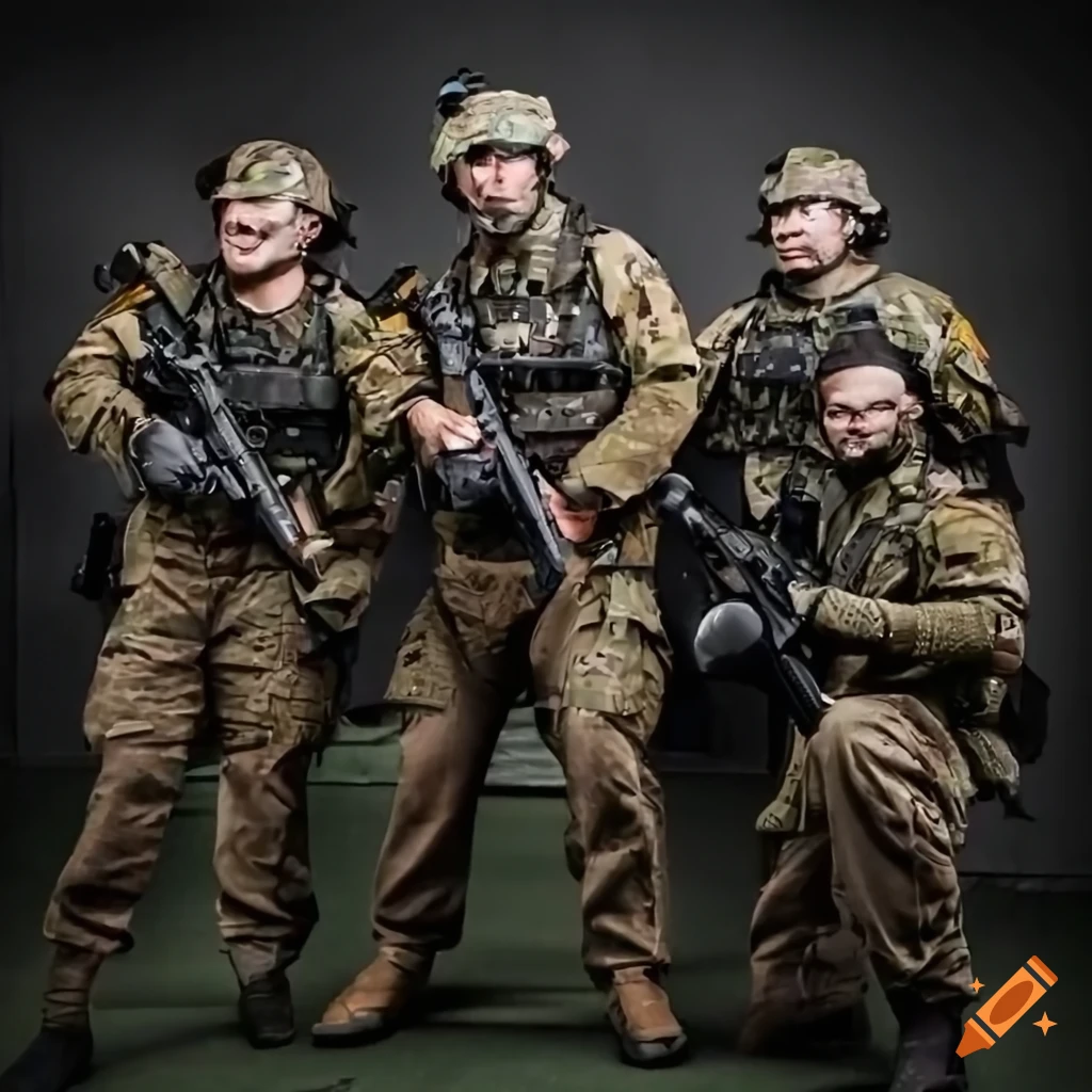 group of friends in combat gear with weapons