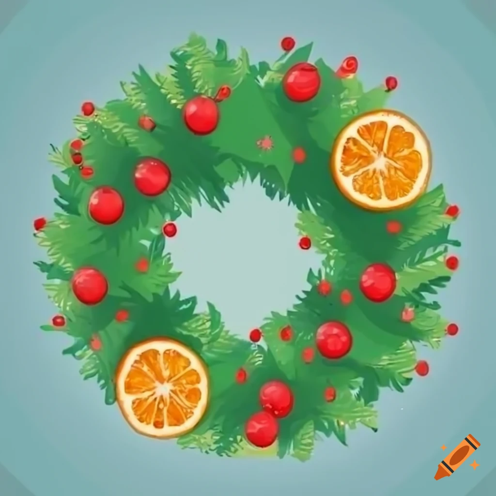 cartoon style Christmas wreath with orange slices and cinnamon sticks