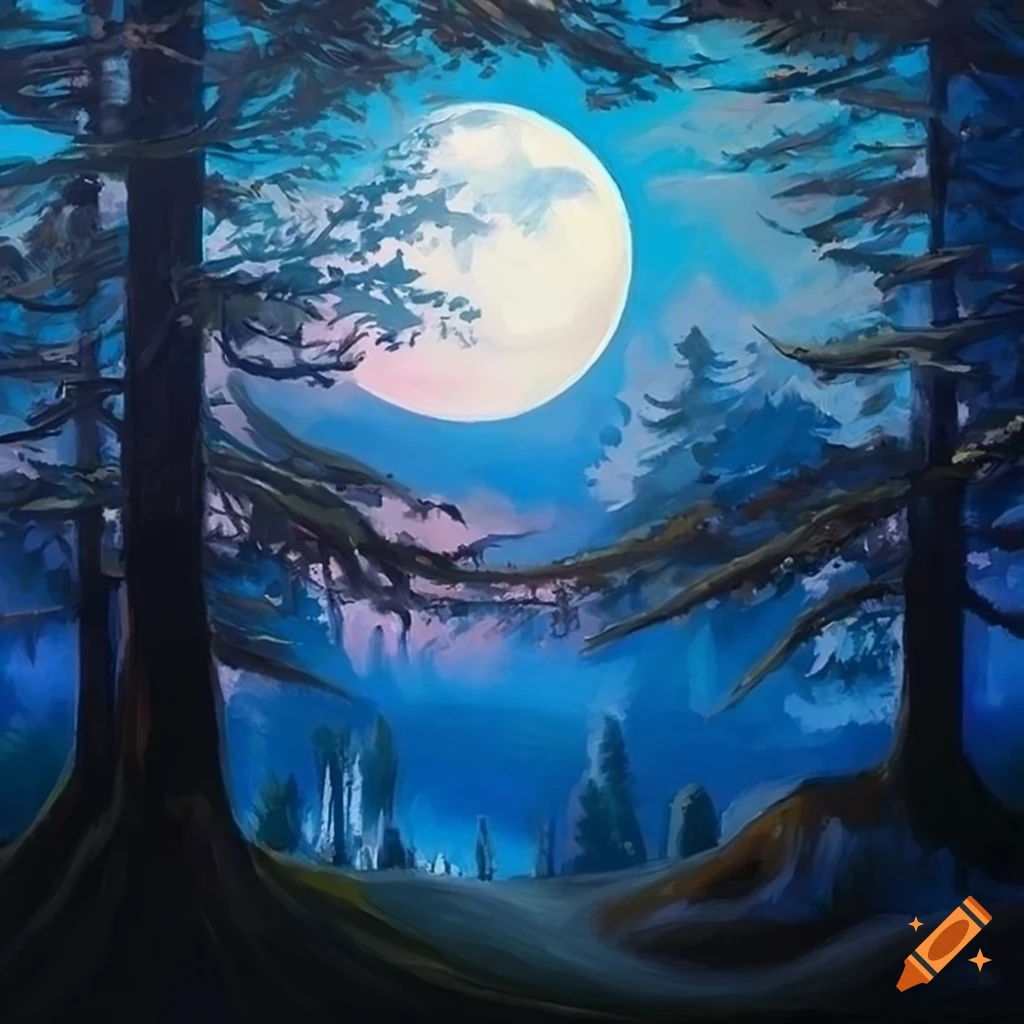 Acrylic illustration of a moonlit forest clearing