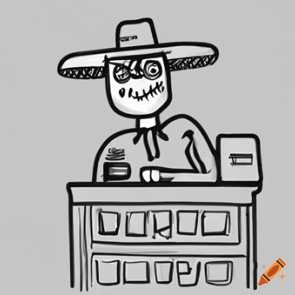 black and white drawing of a scarecrow at a reception desk