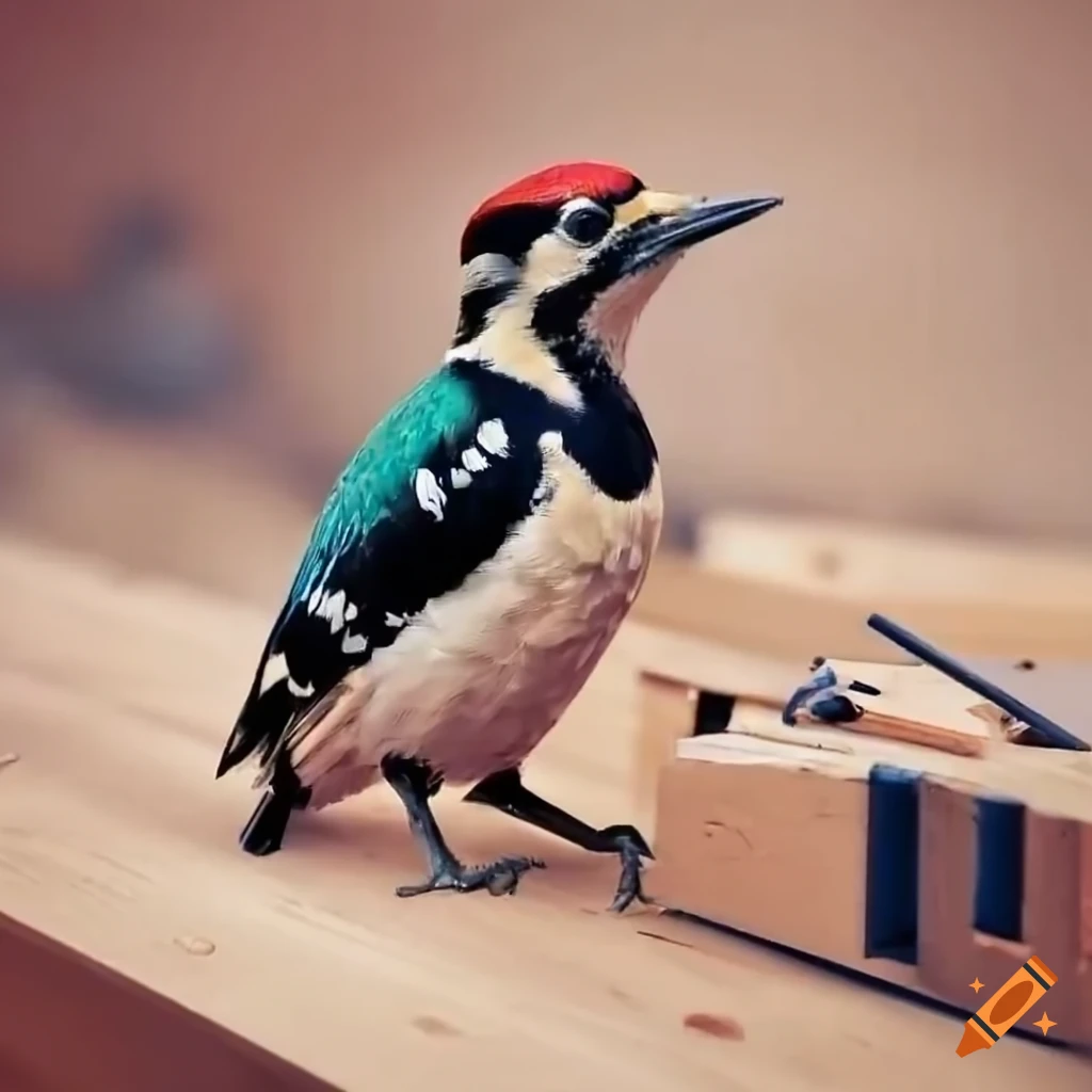 woodpecker in a carpentry workshop