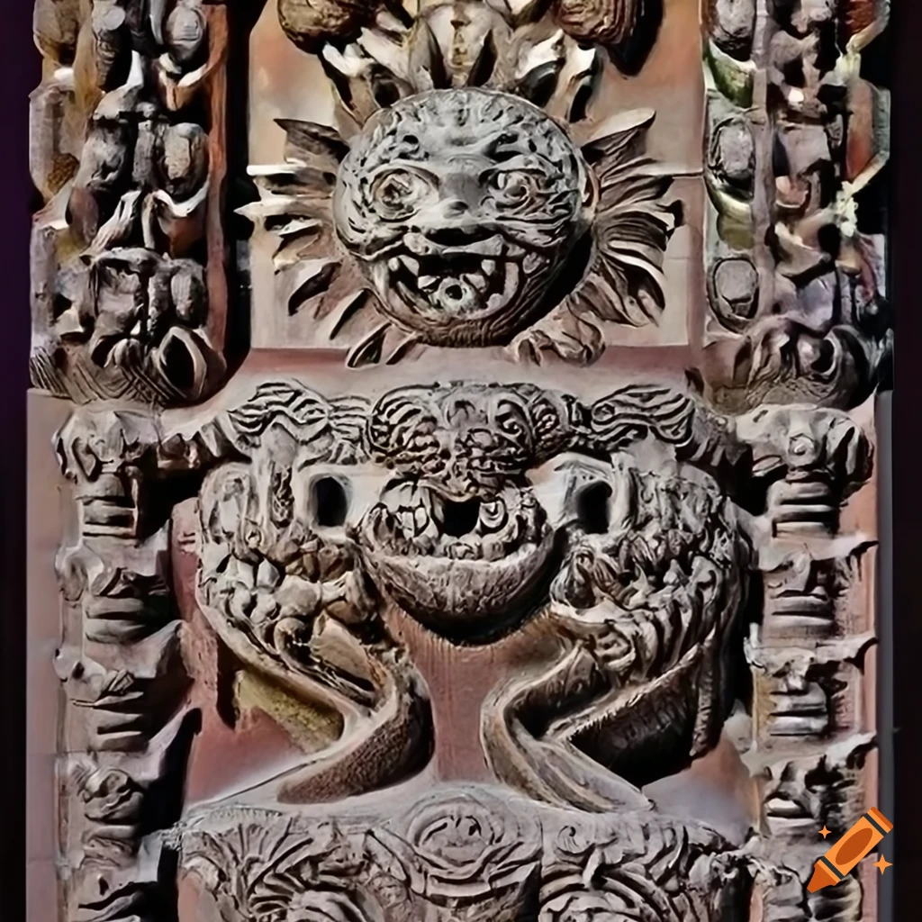 architectural stave carving with sun jaguar motif