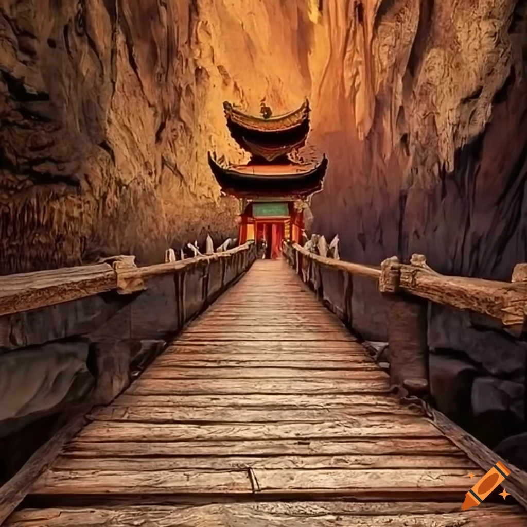 image of an oriental temple in a lava-filled landscape