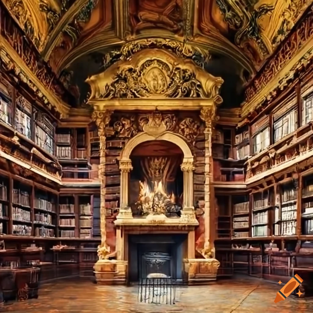 Elegant castle library with fireplace