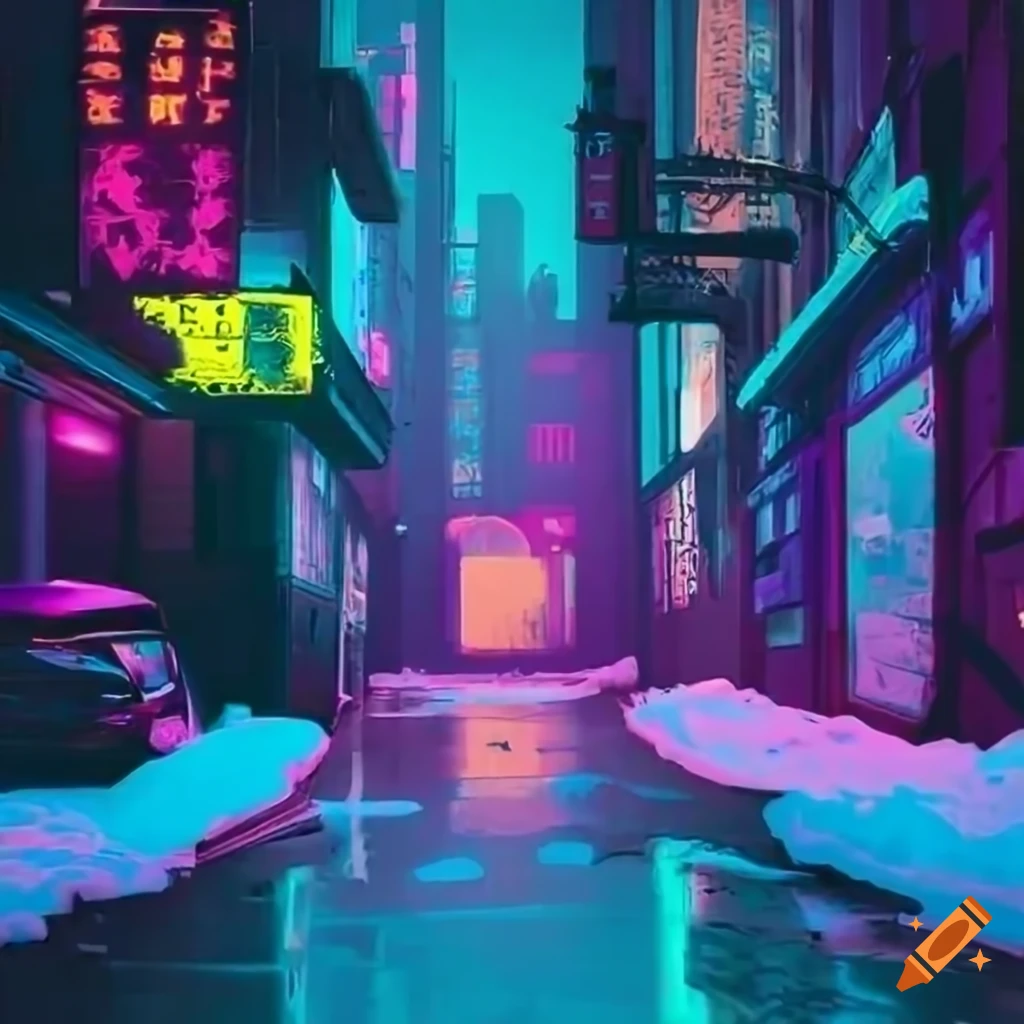 Cyberpunk back alley at night with a subaru impreza