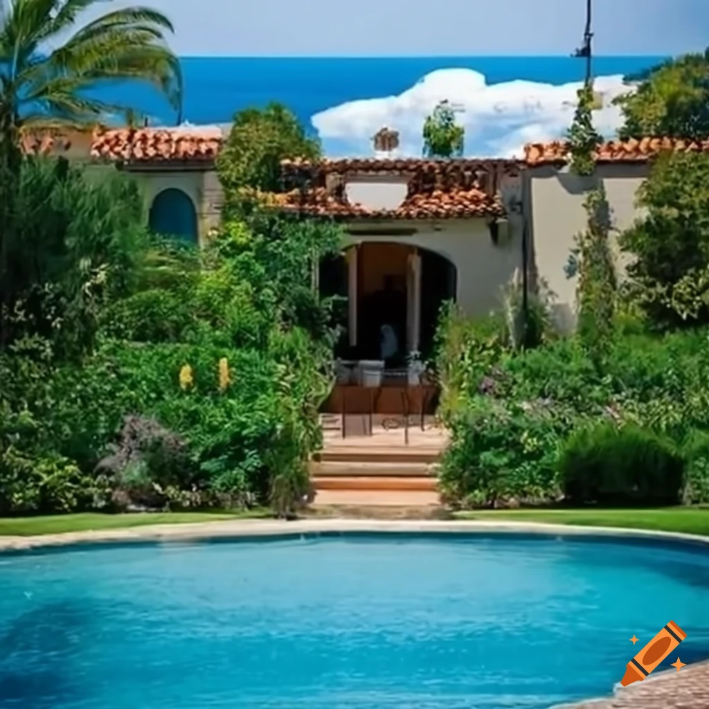 Design of a spanish style backyard with sea view and sports facilities