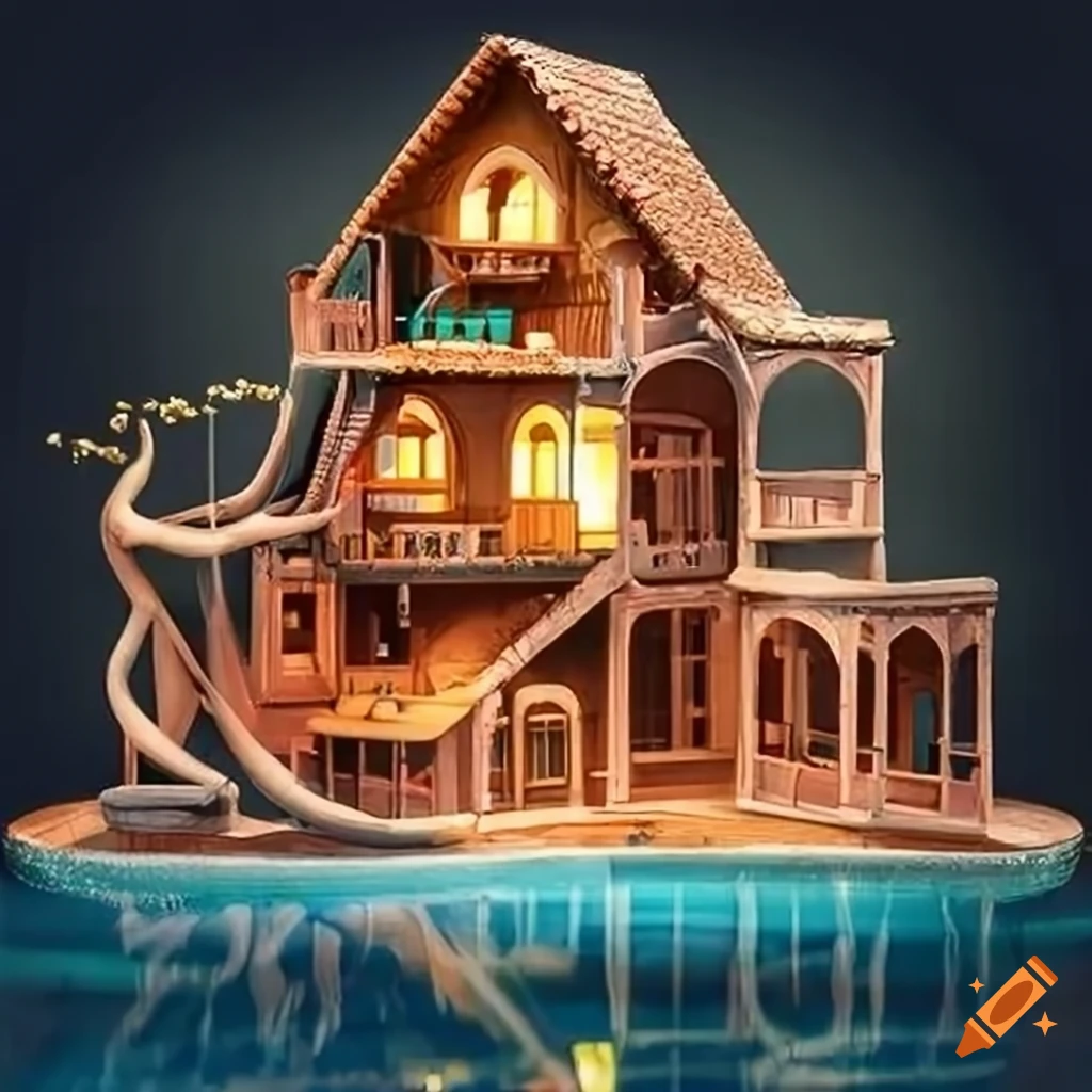 colorful and elaborate wooden dollhouse with various features