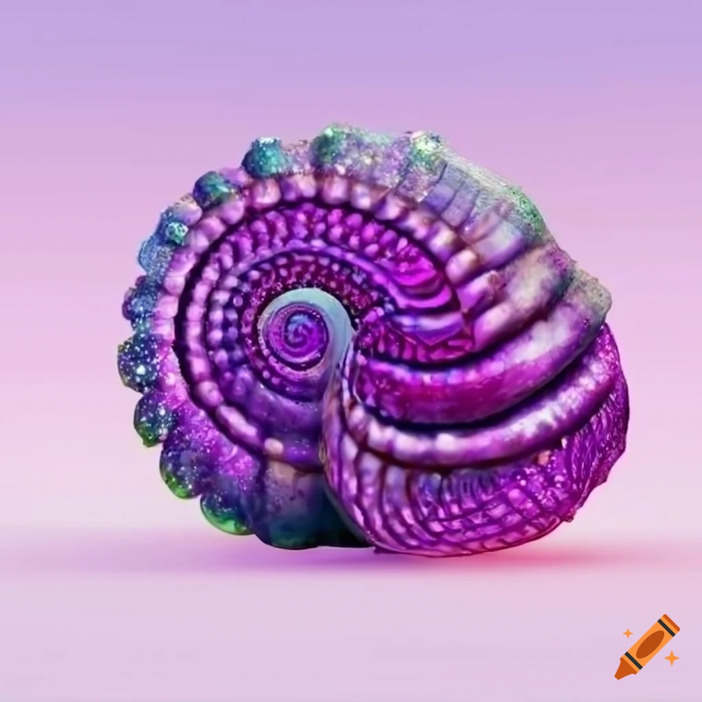 glittering purple spiral seashell on white background