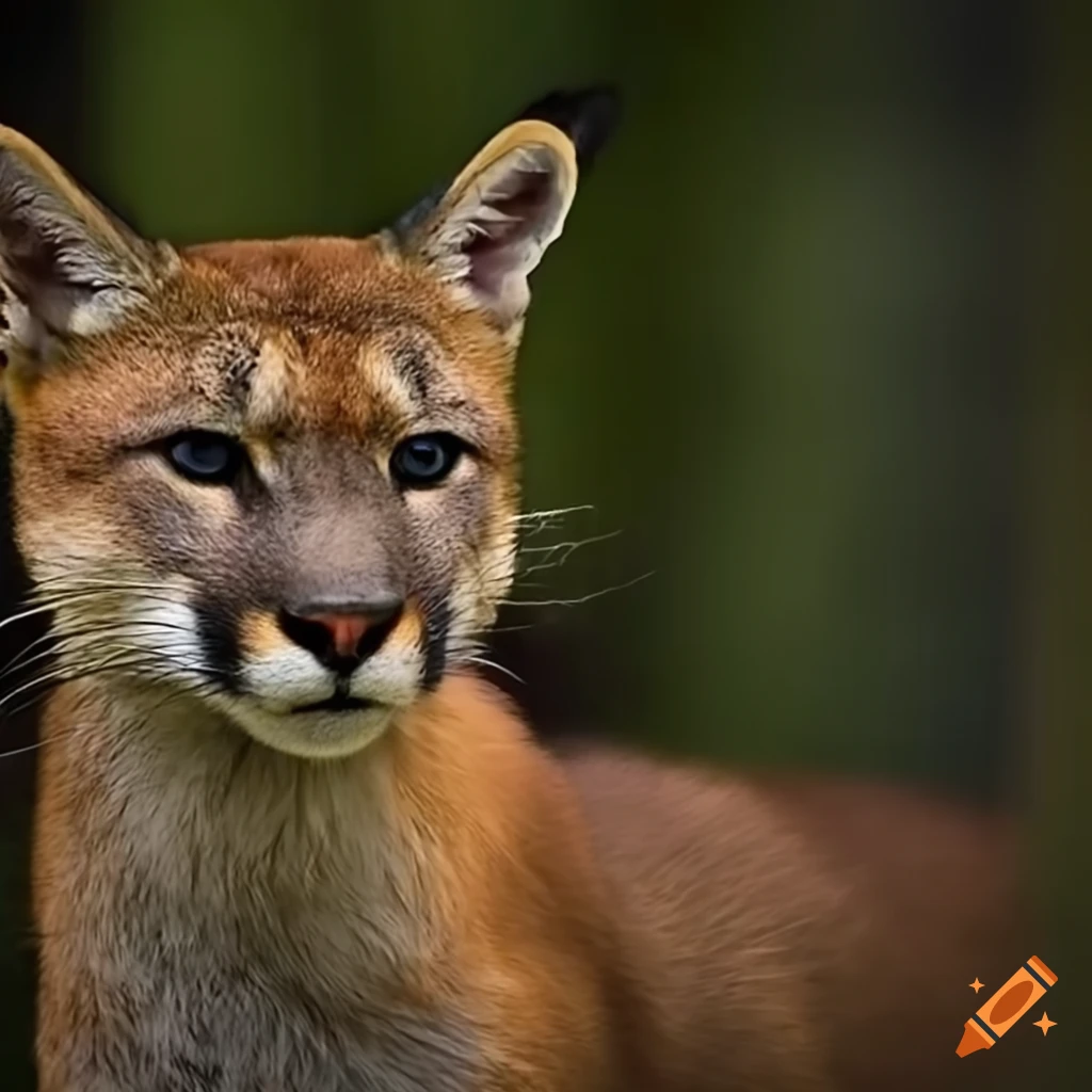 depiction of a red fox and mountain lion hybrid in a forest