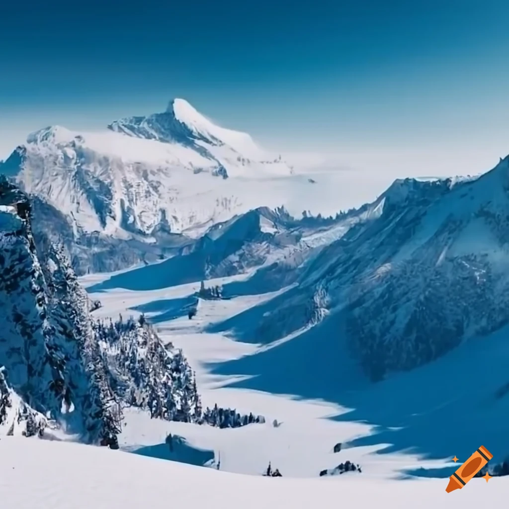 snowy mountain landscape with ski resort and skiers