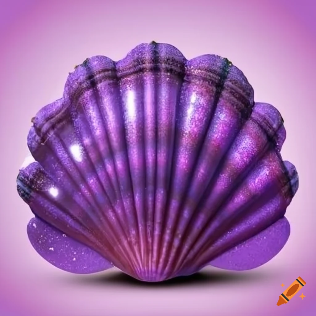 cartoonish purple seashell with glitter on white background