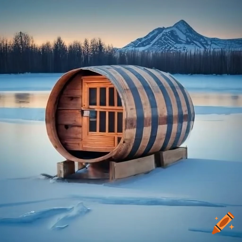 barrel sauna by a frozen lake