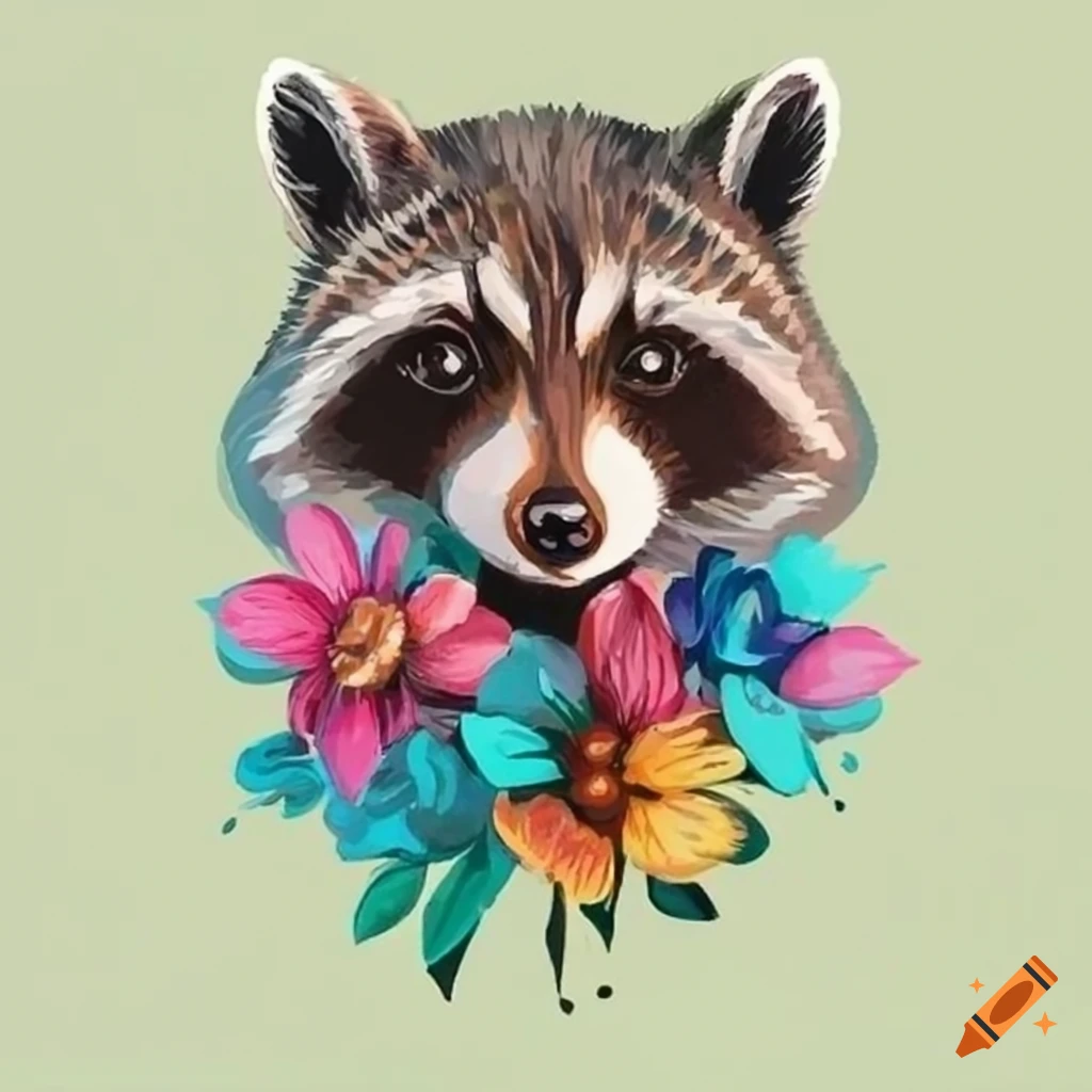 colorful raccoon tattoo with flowers