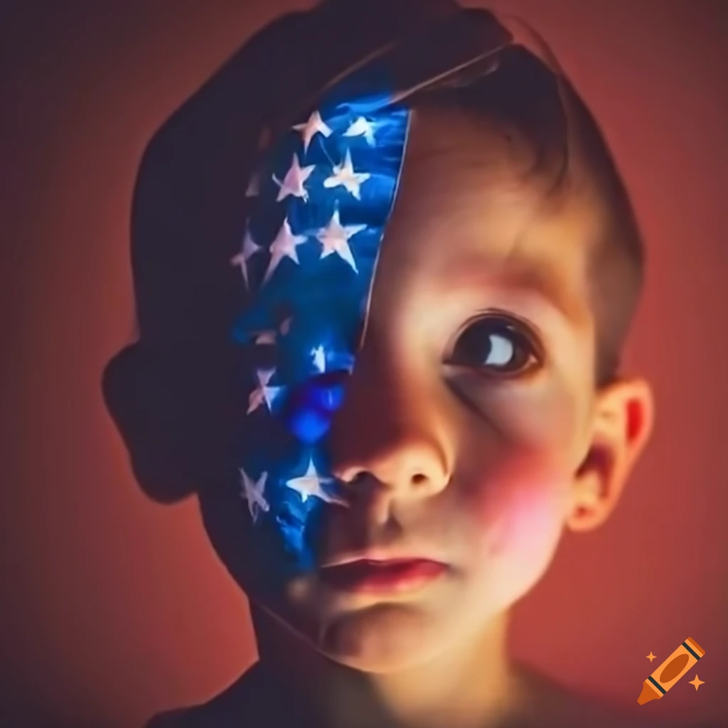 boy with illuminated face looking up with American flag
