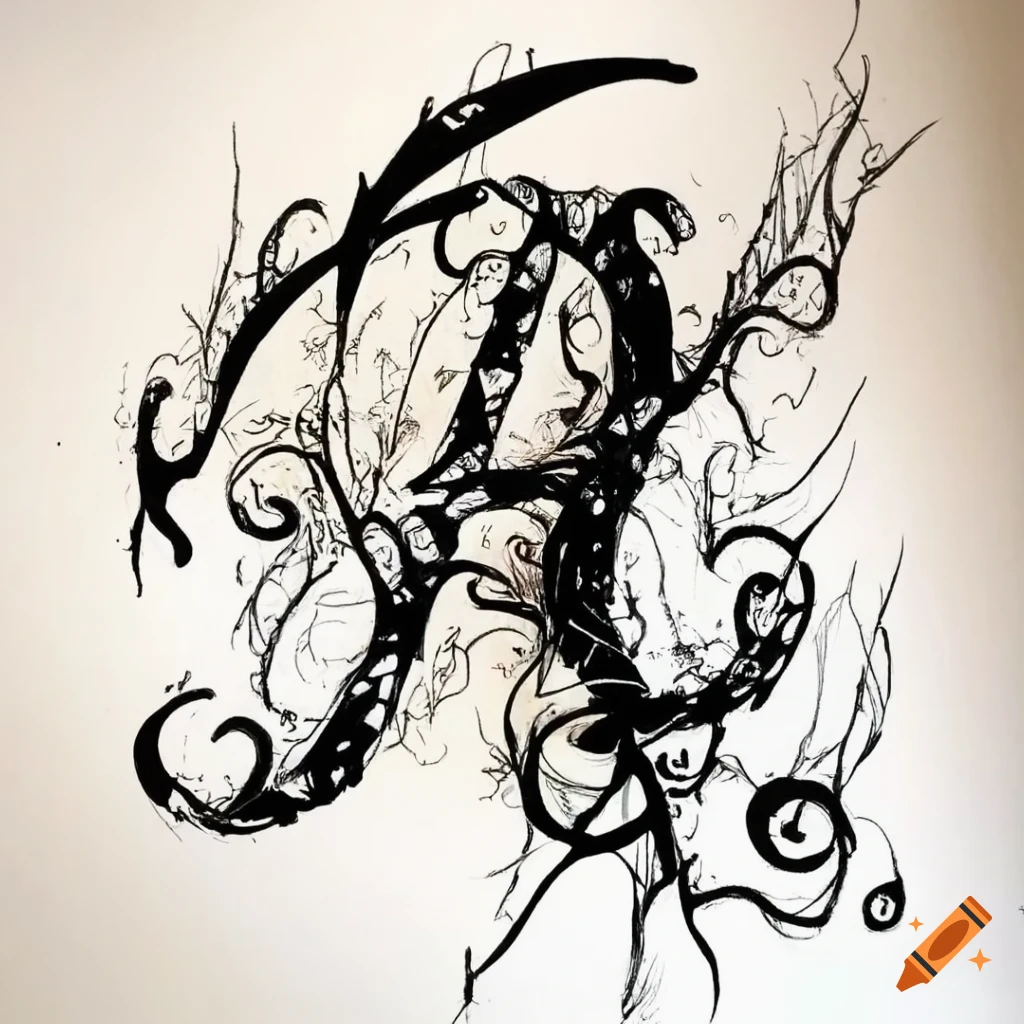 abstract black and white artwork with ornamental elements