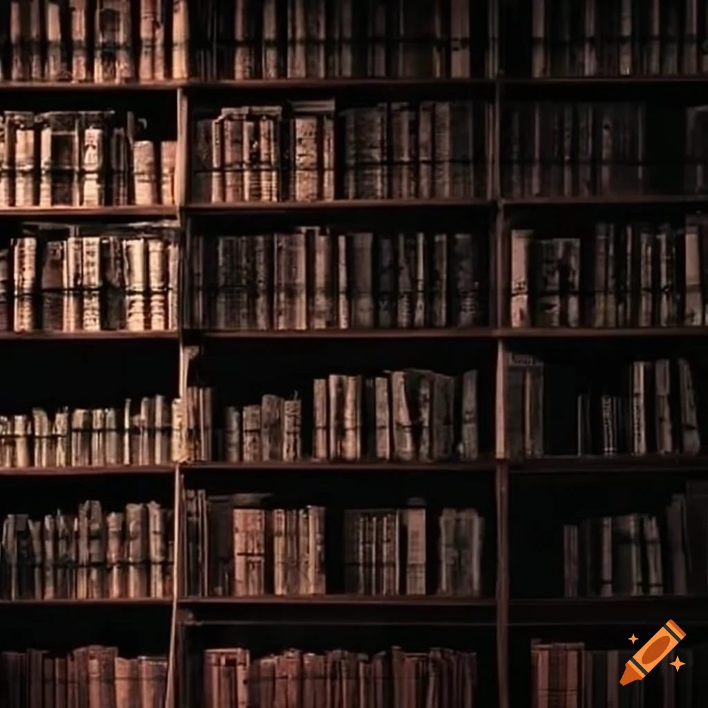 Eerie library shelves at night