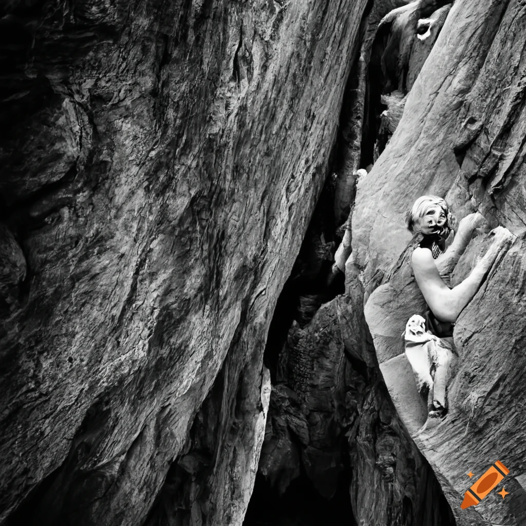 black and white photo of a person rock climbing