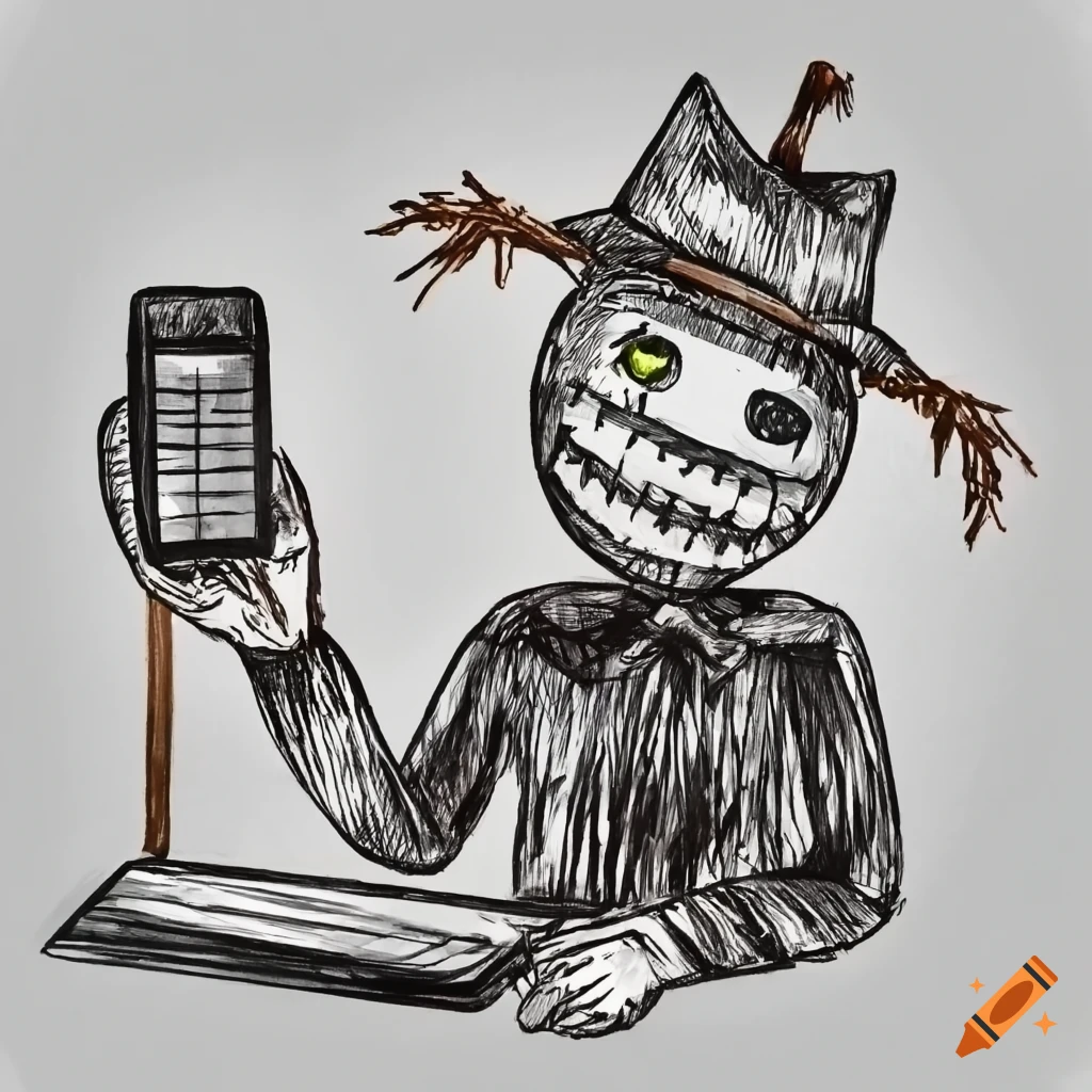 drawing of a scarecrow at a reception desk