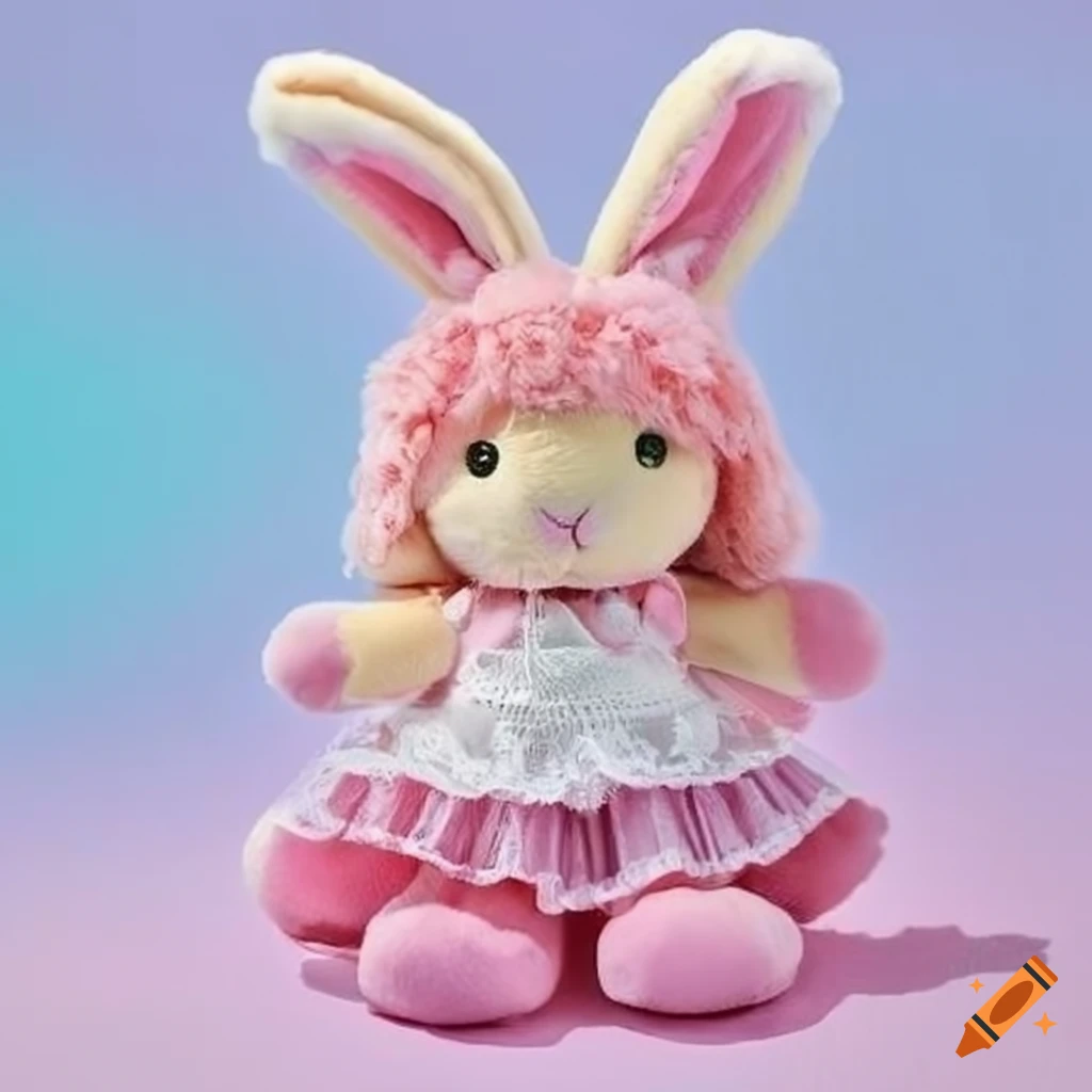 adorable pastel bunny plush with frilly lace dress