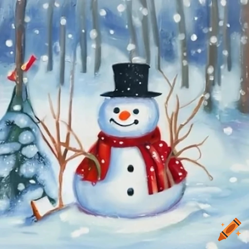 Snowman with two gifts in a snowy scene on Craiyon